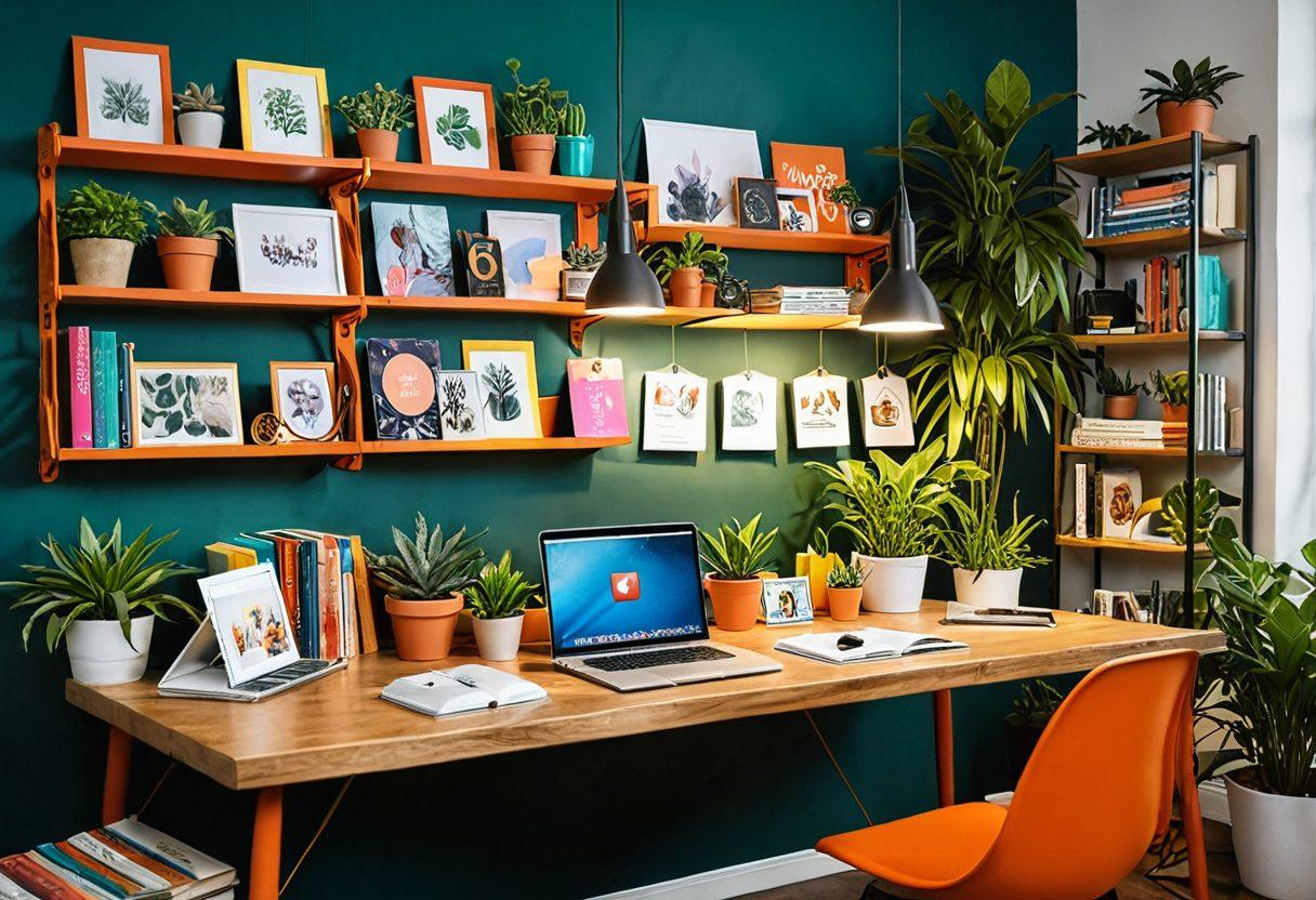 An inviting digital workspace featuring a diverse group of bloggers engaging in a lively discussion over laptops, surrounded by colorful books and plants to represent creativity. A warm, cozy atmosphere with soft lighting to evoke a sense of community. Visuals of social media icons subtly integrated into the background. super-realistic. vibrant colors.