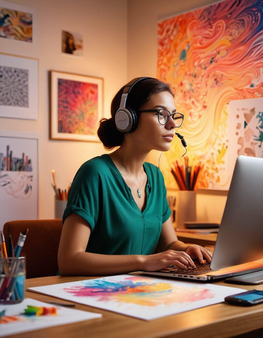 A person sitting at a modern digital workspace, surrounded by colorful art supplies, laptops, and creative sketches. A soft glowing light illuminates their face, indicating inspiration, while colorful sound waves swirl around them symbolizing a creative voice. Elements like digital icons representing blogging, like a pen, microphone, and camera, float in the background. super-realistic. vibrant colors. dynamic composition.