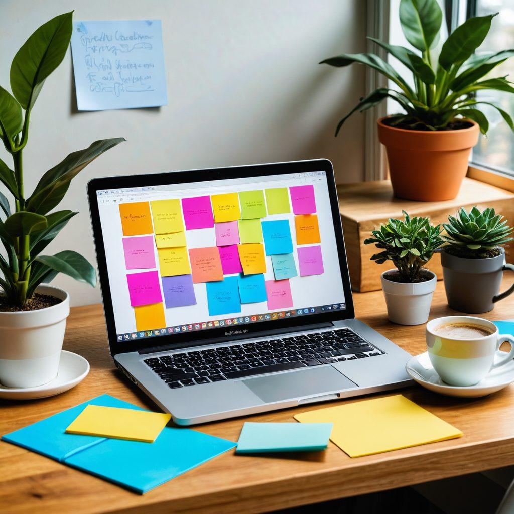 An artistic workspace featuring a laptop with an open blogging platform, surrounded by vibrant sticky notes and digital tools like a graphic tablet and camera. A cozy atmosphere with a cup of coffee and a potted plant in the background, symbolizing creativity and warmth. Include floating icons representing social media and content creation. super-realistic. vibrant colors. warm lighting.